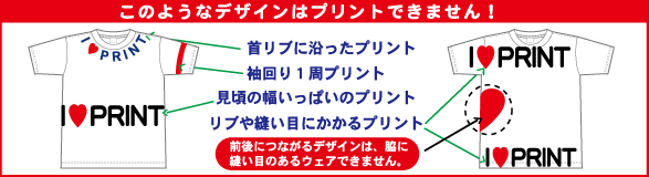 このようなデザインはプリントできません!首リブに沿ったプリント、袖回り一周プリント、見頃の幅いっぱいのプリント、リブや縫い目にかかるプリント。前後につながるデザインは、脇に縫い目のあるウェアはできません。
